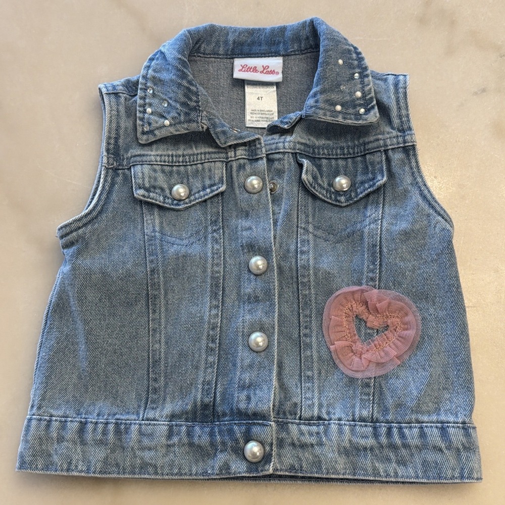Little Lass Toddler Girls Embellished Denim Vest Size 4T Pink Heart Pearl Snap
